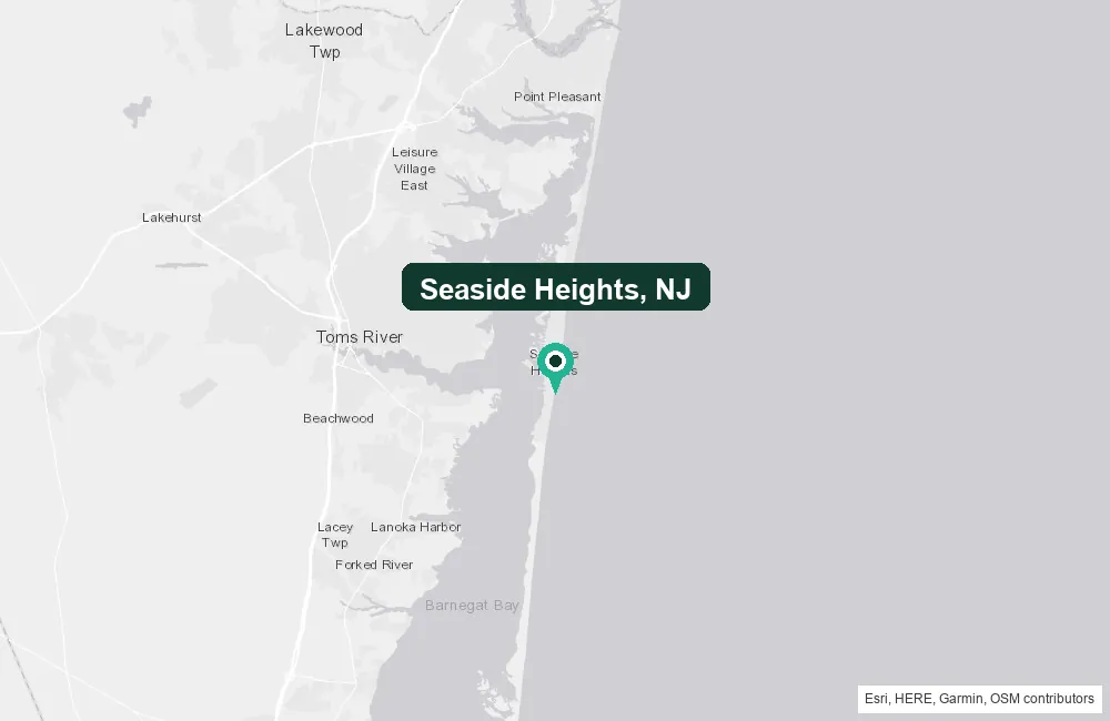 Map of Seaside Heights, New Jersey and the surrounding Ocean County area service area